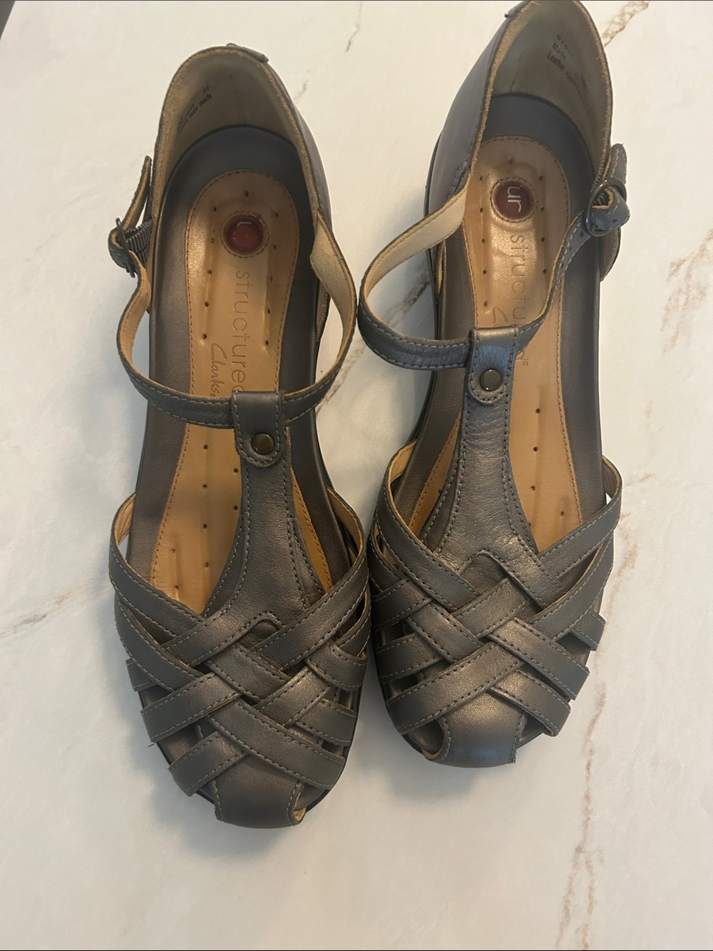 Clarks Pewter Woven Leather Sandals